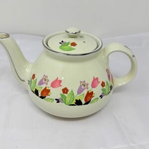 Vtg Hall Superior Quality Kitchenware Floral Tulip Teapot Yellow USA rare